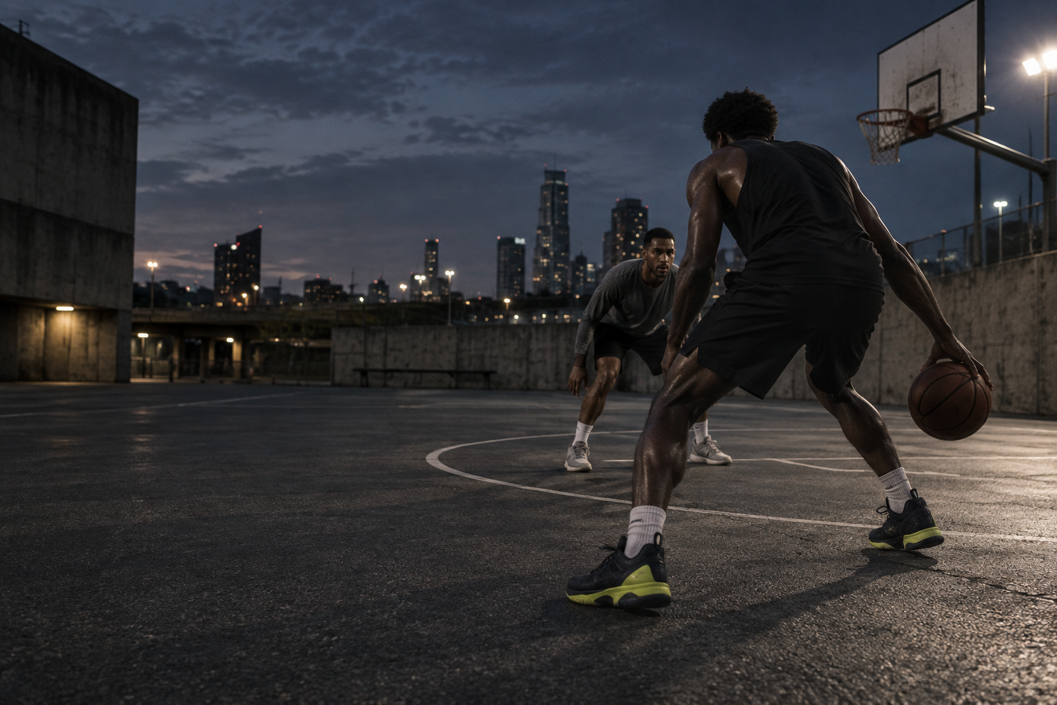 Un groupe de joueurs sur un terrain de basket extérieur